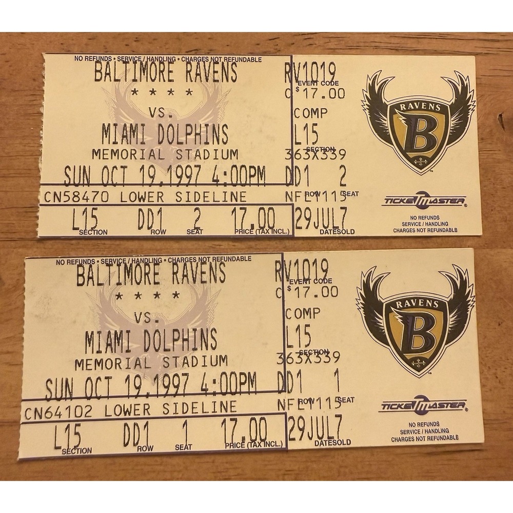 Set Of 2 Baltimore Ravens 1997 Vs Miami Dolphins Ticket Stubs